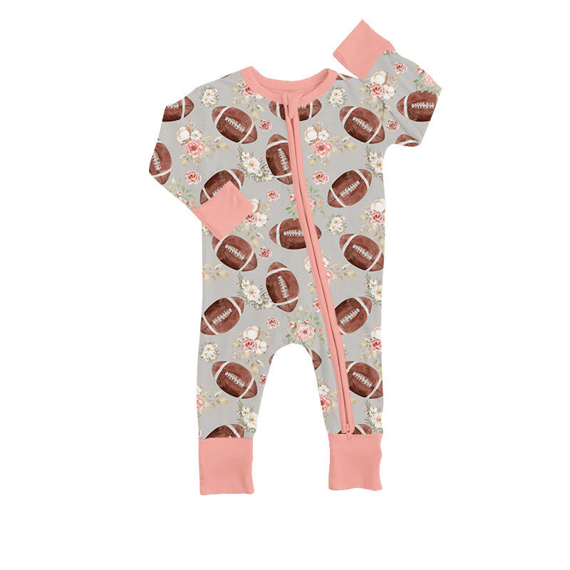 preorder LR0960 football flowers pink long sleeve zipper girls romper