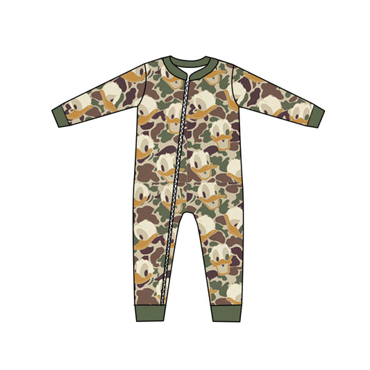 preorder LR0962 cartoon duck camo dark green long sleeve boys zipper romper