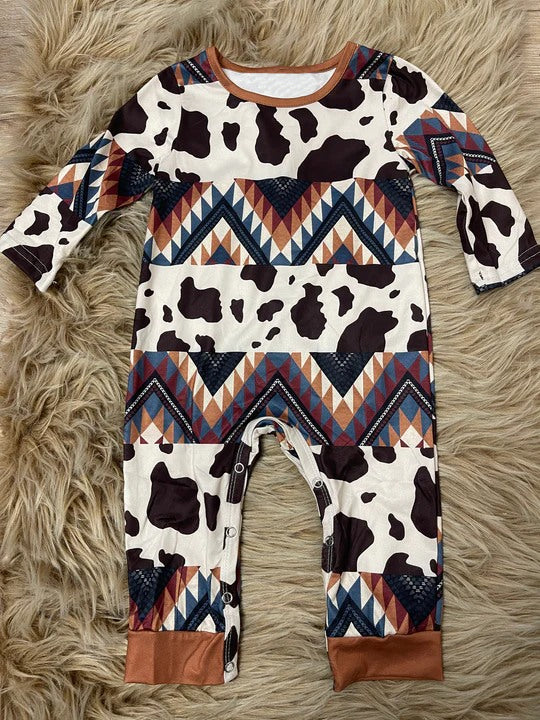 preorder LR0964 Western cow print Aztec long sleeve boys romper