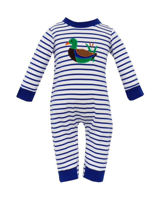 preorder LR0985 mallard duck navy blue striped long sleeve boys romper