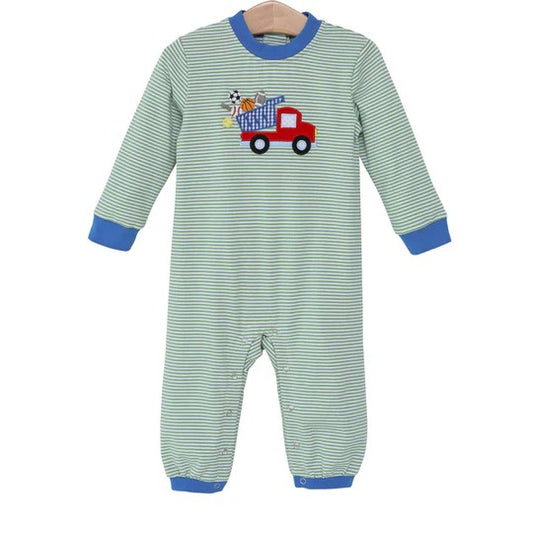 preorder LR1008 cute balls truck green striped long sleeve boys romper