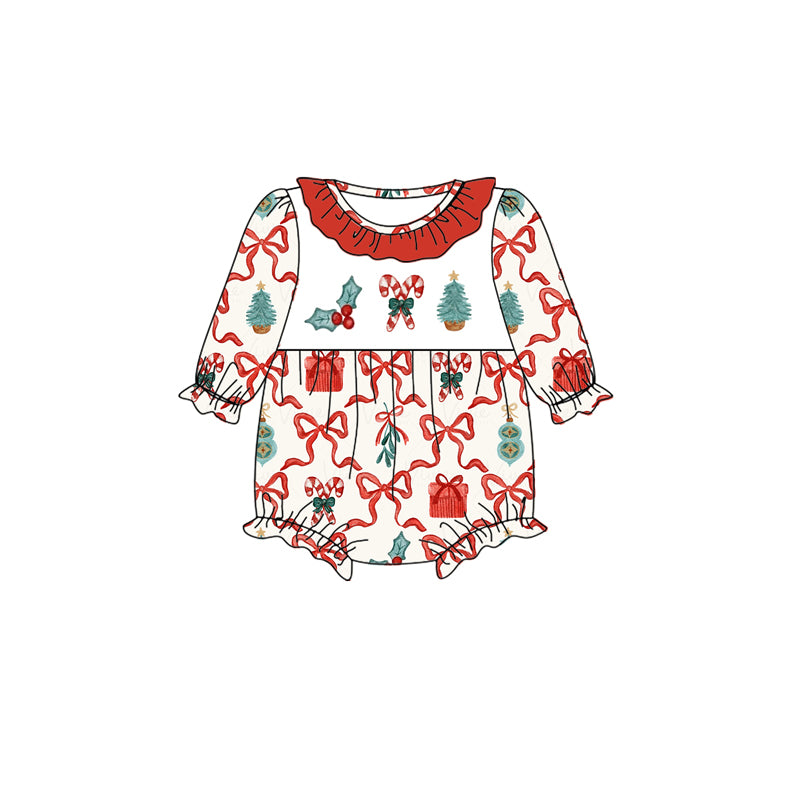 preorder LR1010 Christmas bow red long sleeve girls romper