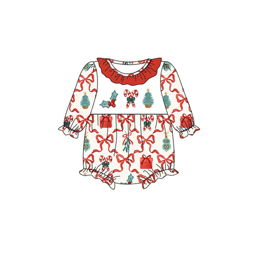 preorder LR1010 Christmas bow red long sleeve girls romper