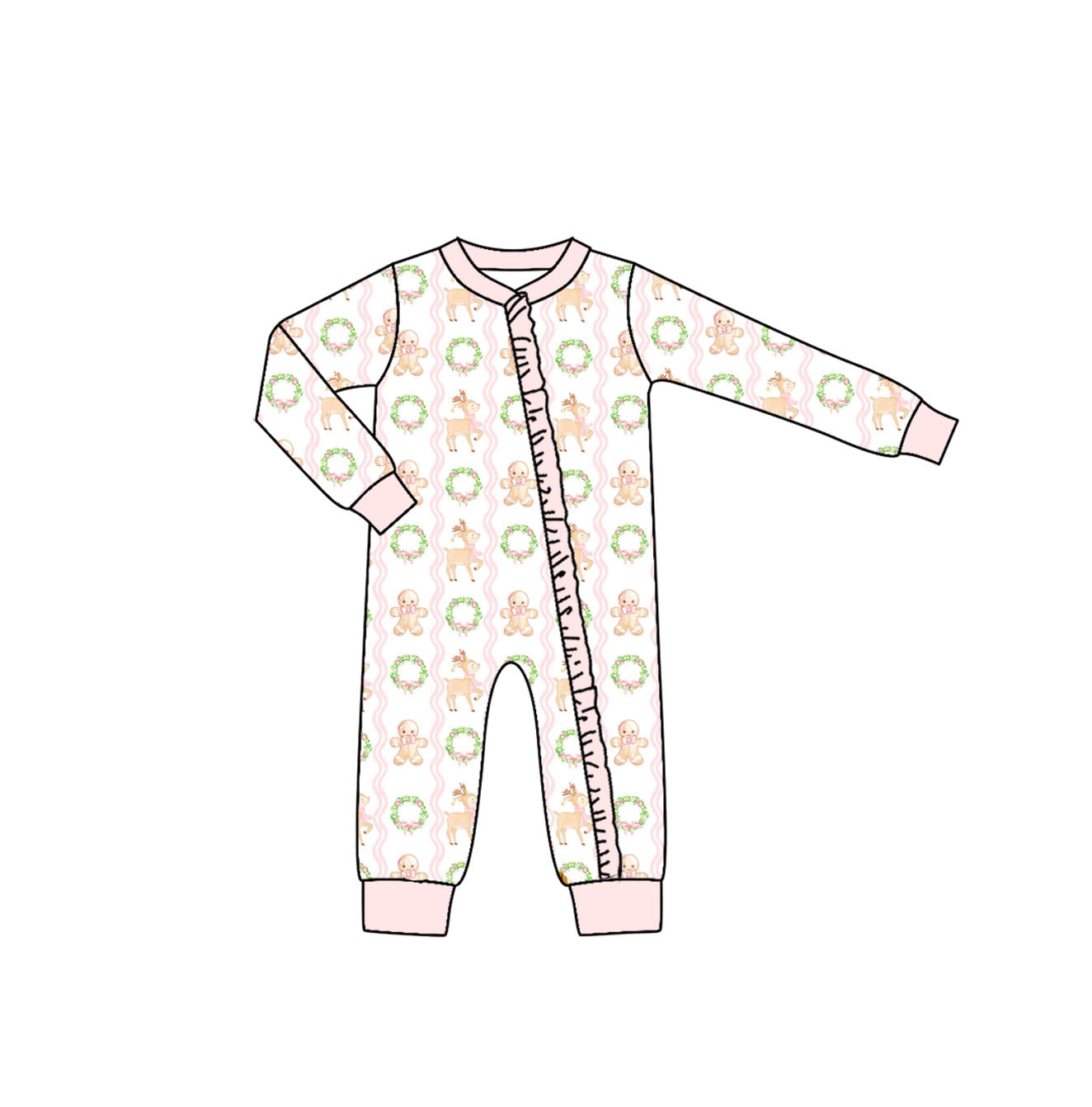 preorder LR1013 Christmas gingerbread man deer pink long sleeve girls zipper romper