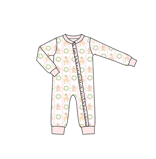 preorder LR1013 Christmas gingerbread man deer pink long sleeve girls zipper romper