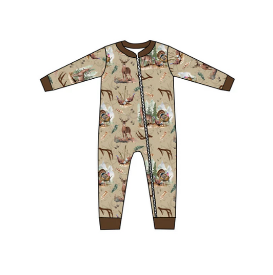 preorder GSSO1437 animals deer chick mallard brown long sleeve zipper boys romper