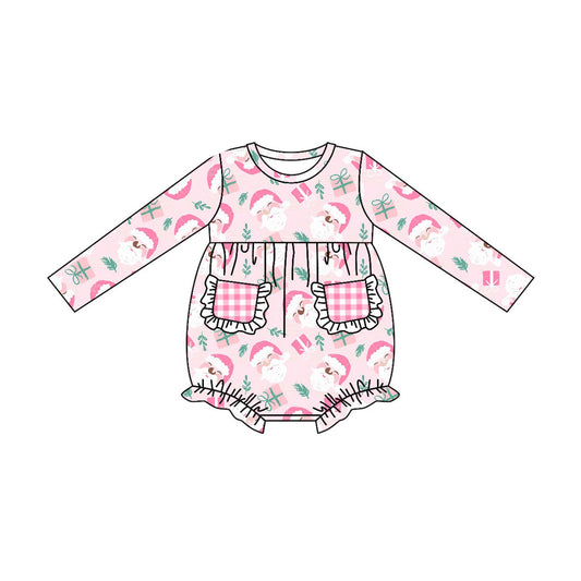 preorder LR1019 Christmas Santa pink pockets long sleeve girls romper