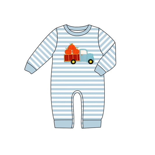 preorder LR1023 Autumn full pumpkin truck blue striped long sleeve boys romper