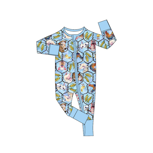 preorder LR1031 farm cow chick blue long sleeve zipper boys romper