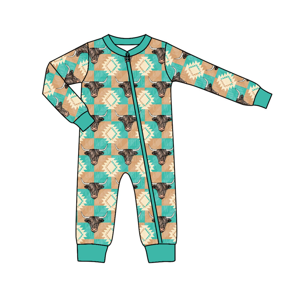 preorder LR1032 Western cow Aztec green checkered long sleeve zipper boys romper