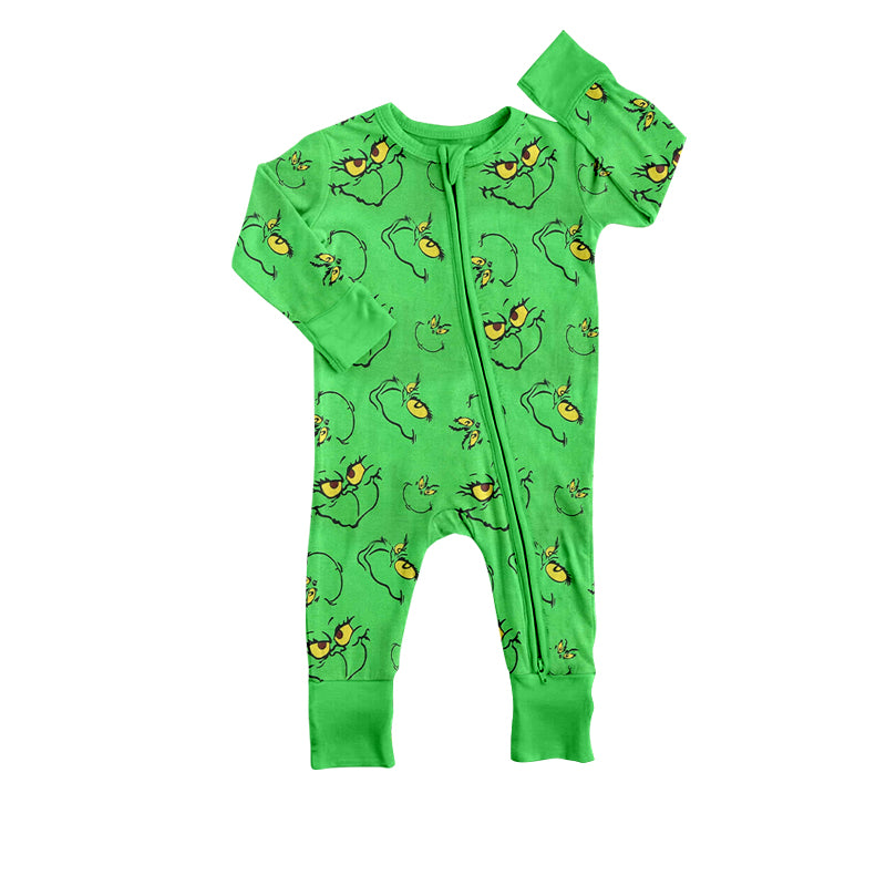 preorder LR1041 Christmas green face long sleeve zipper boys romper