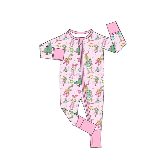 preorder LR1042 Christmas green face pink long sleeve zipper girls romper