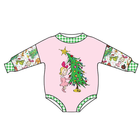 preorder LR1043 Christmas green face pink long sleeve girls romper