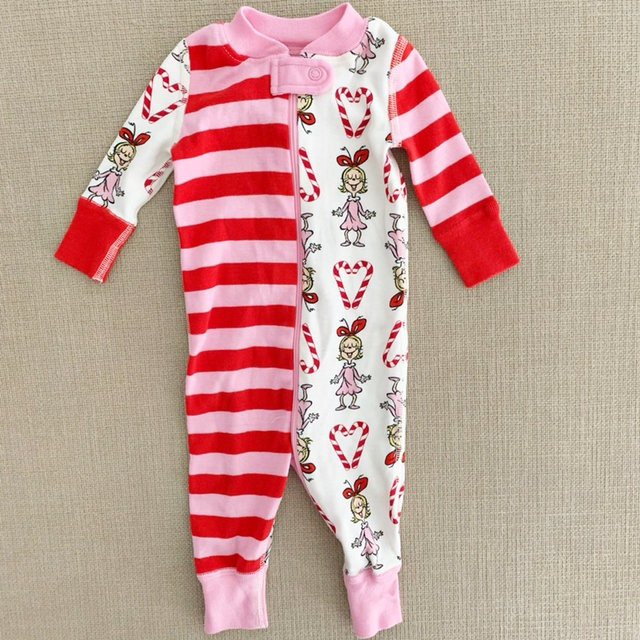 preorder LR1058 Christmas cane candy red striped cartoon girl long sleeve zipper girls romper
