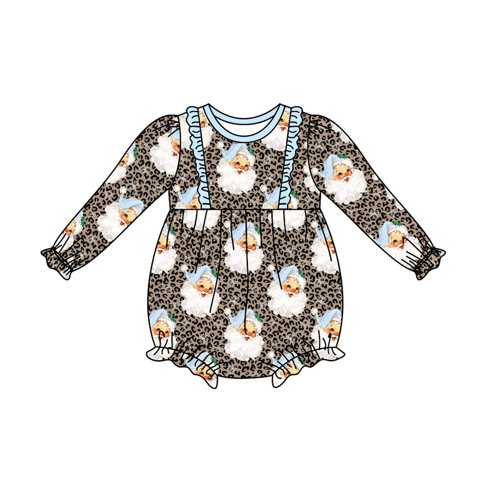 preorder LR1078 Christmas Santa leopard blue long sleeve girls romper