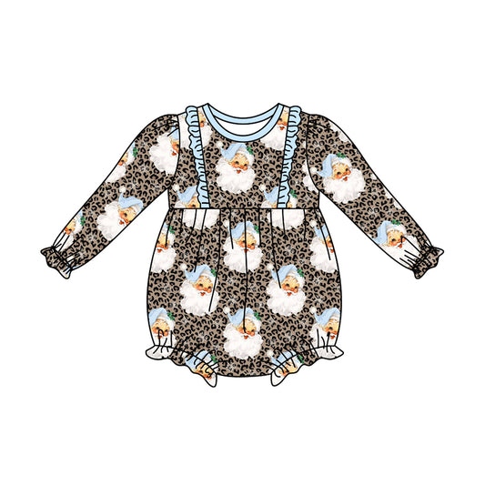 preorder LR1078 Christmas Santa leopard blue long sleeve girls romper