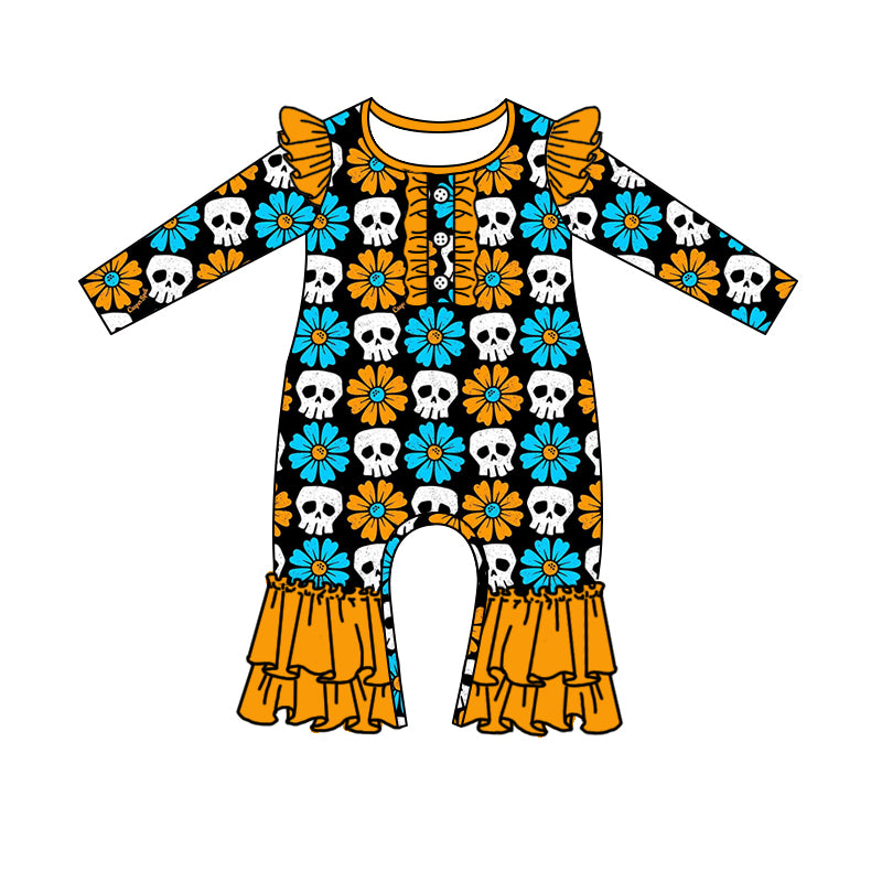 preorder LR1083 Halloween skull flowers orange blue long sleeve girls romper