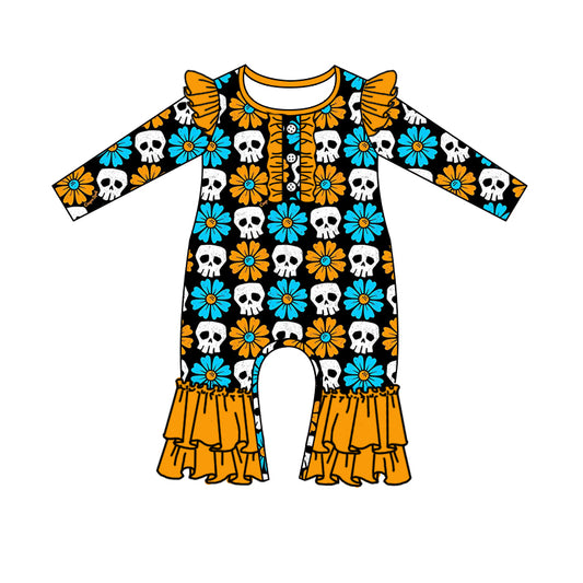 preorder LR1083 Halloween skull flowers orange blue long sleeve girls romper