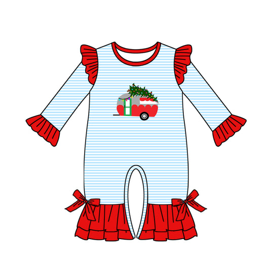 preorder LR1084 Christmas tree bus blue striped long sleeve girls romper