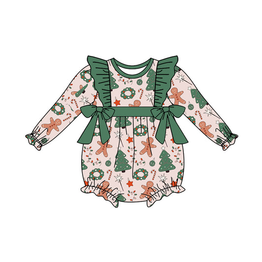 preorder LR1088 Christmas gingerbread man candy tree long sleeve girls romper