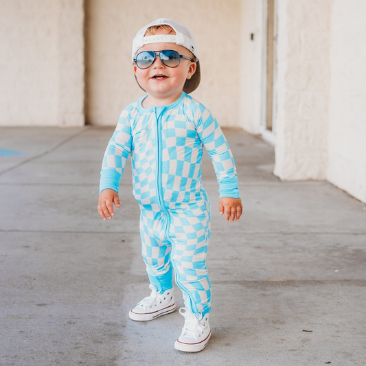 preorder LR1090 blue checkered long sleeve zipper boys romper