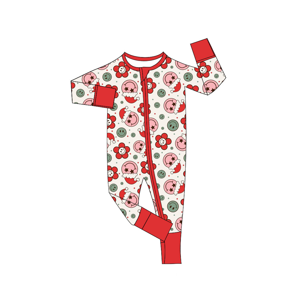 preorder LR1098 Christmas hat flowers smile red long sleeve zipper girls romper