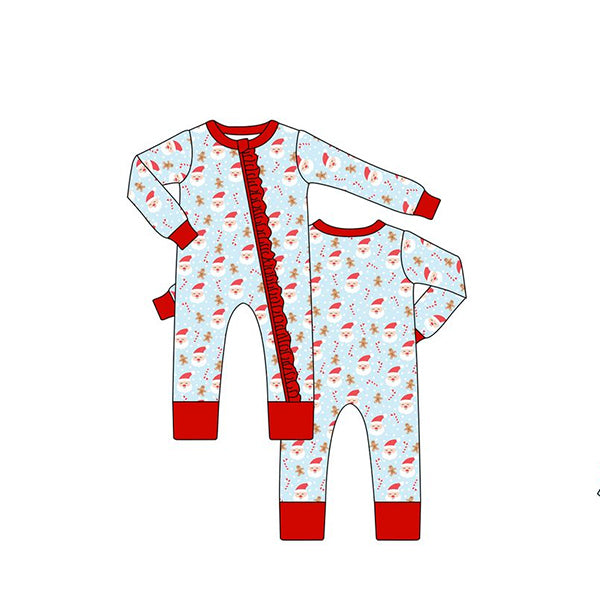 preorder LR1102 Christmas Santa blue long sleeve zipper girls romper