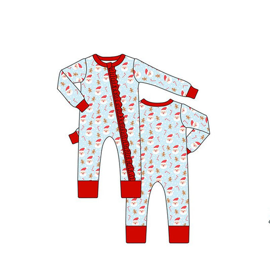 preorder LR1102 Christmas Santa blue long sleeve zipper girls romper