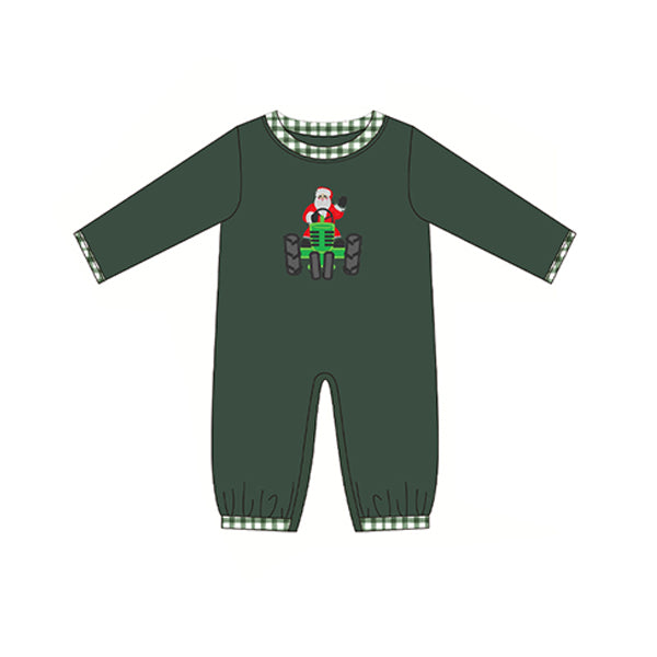 preorder LR1104 Christmas Santa tractor dark green long sleeve boys romper