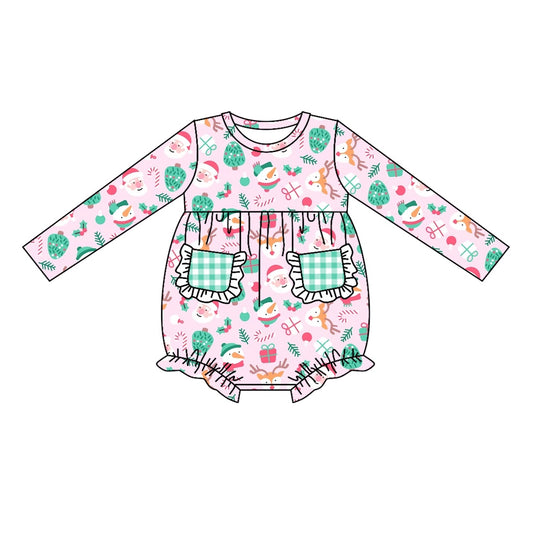 Preorder LR1155 Christmas Santa tree pink pockets long sleeve girls romper