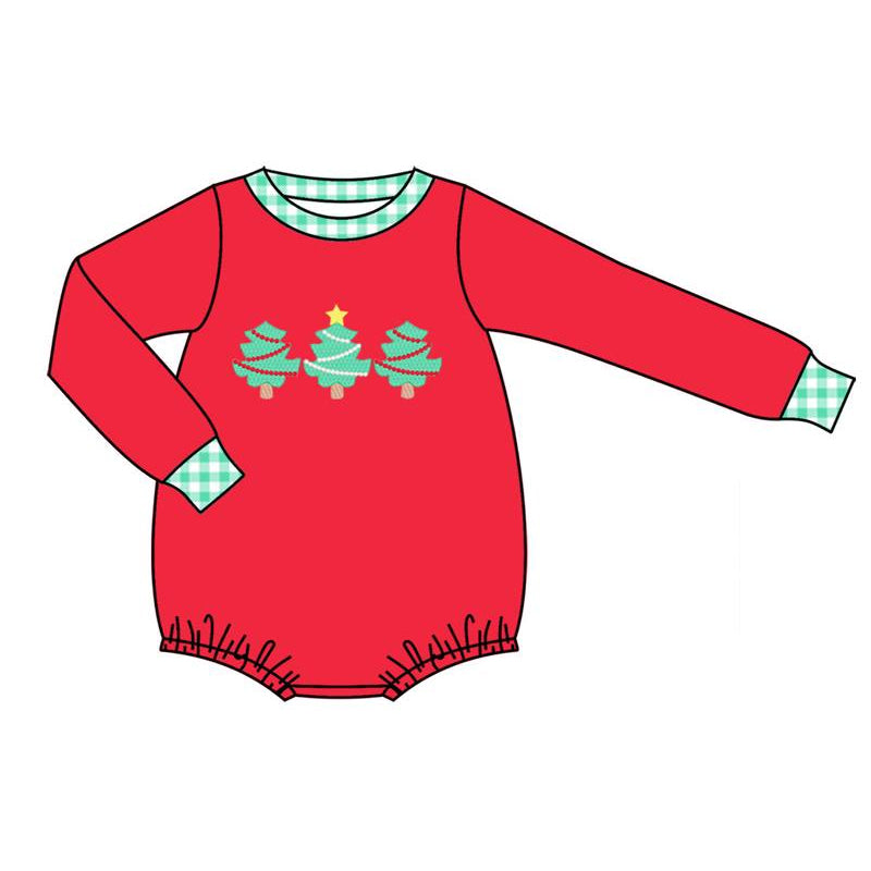 Preorder LR1162 Merry Christmas green tree red long sleeve boys romper