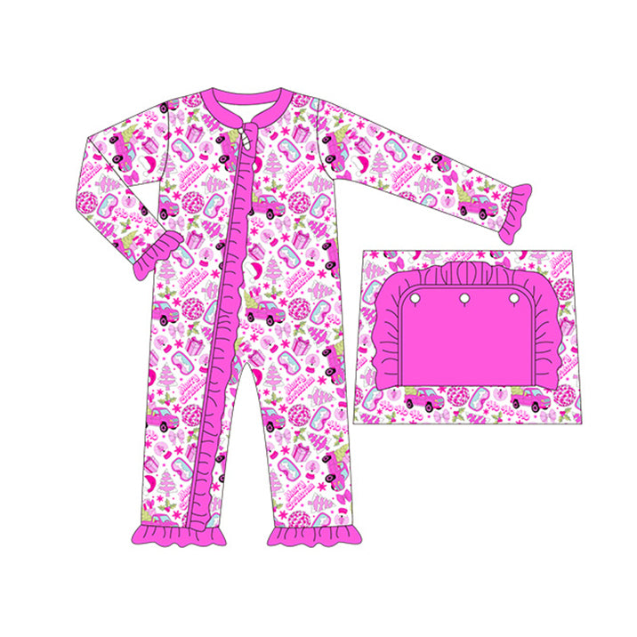 preorder LR1169 cartoon BA car tree hot pink long sleeve girls zipper romper