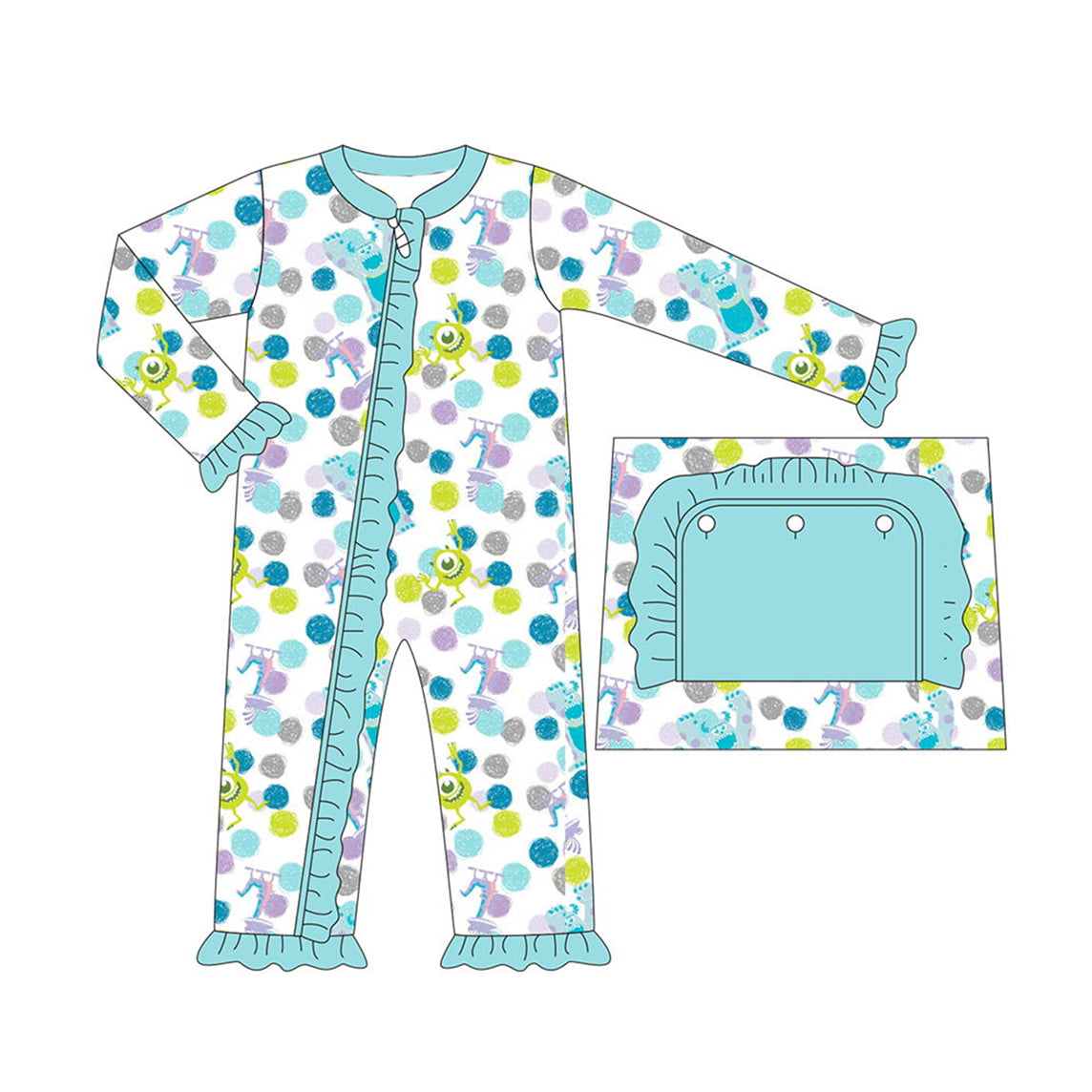 preorder LR1177 Monster cartoon green blue long sleeve zipper girls romper