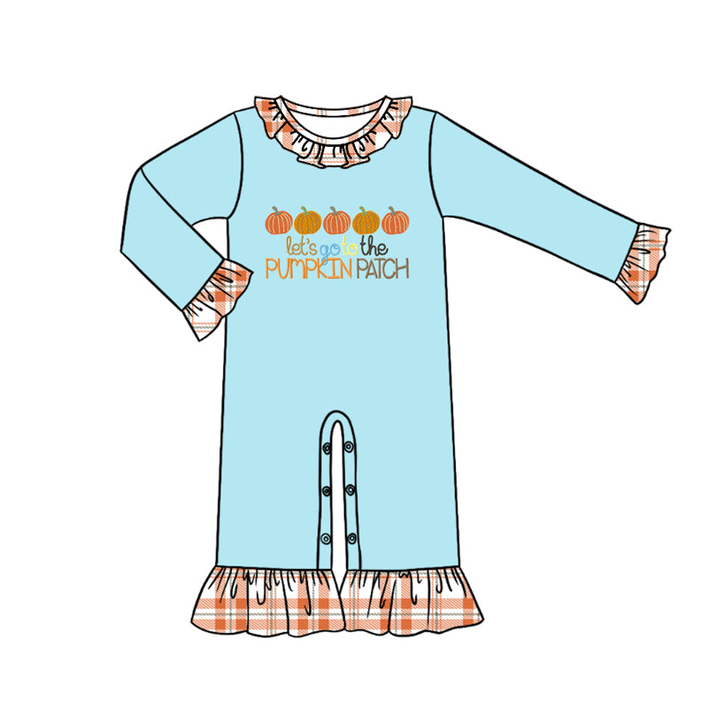 preorder LR1190 let go to the pumpkin patch blue long sleeve girls romper