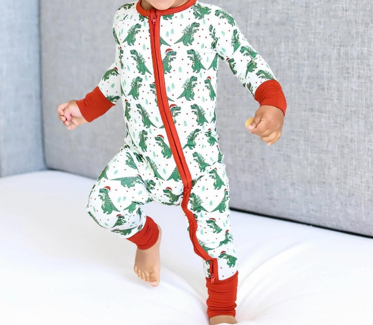 preorder LR1196  Christmas dinosaur green long sleeve boys romper