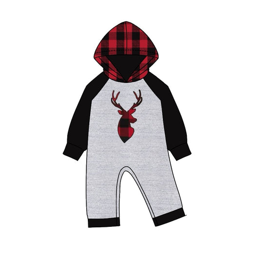 preorder LR1201 Christmas deer red checkered long sleeve hoodie boys romper