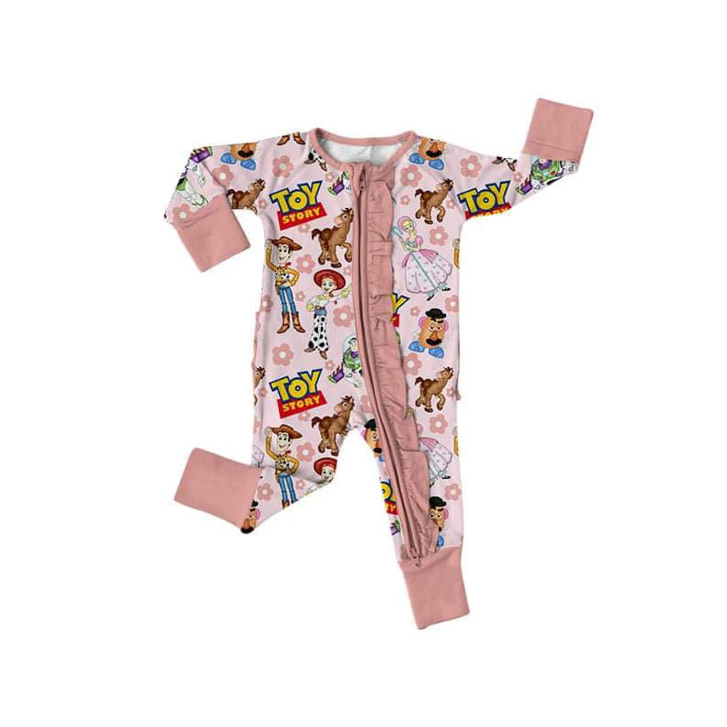 preorder LR1208 cartoon toy flowers pink long sleeve girls zipper romper