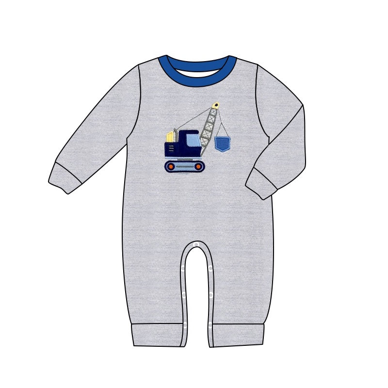 preorder LR1211 construction truck crane grey long sleeve boys romper