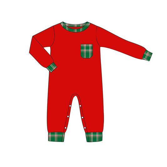 preorder LR1213 Christmas green checkered pocket red long sleeve boys romper