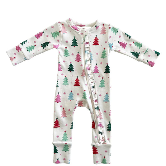 preorder LR1225 colorful Christmas tree long sleeve girls zipper romper