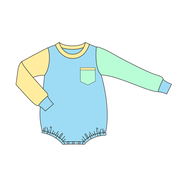 preorder LR1231 blue pocket cyan yellow long sleeve boys romper