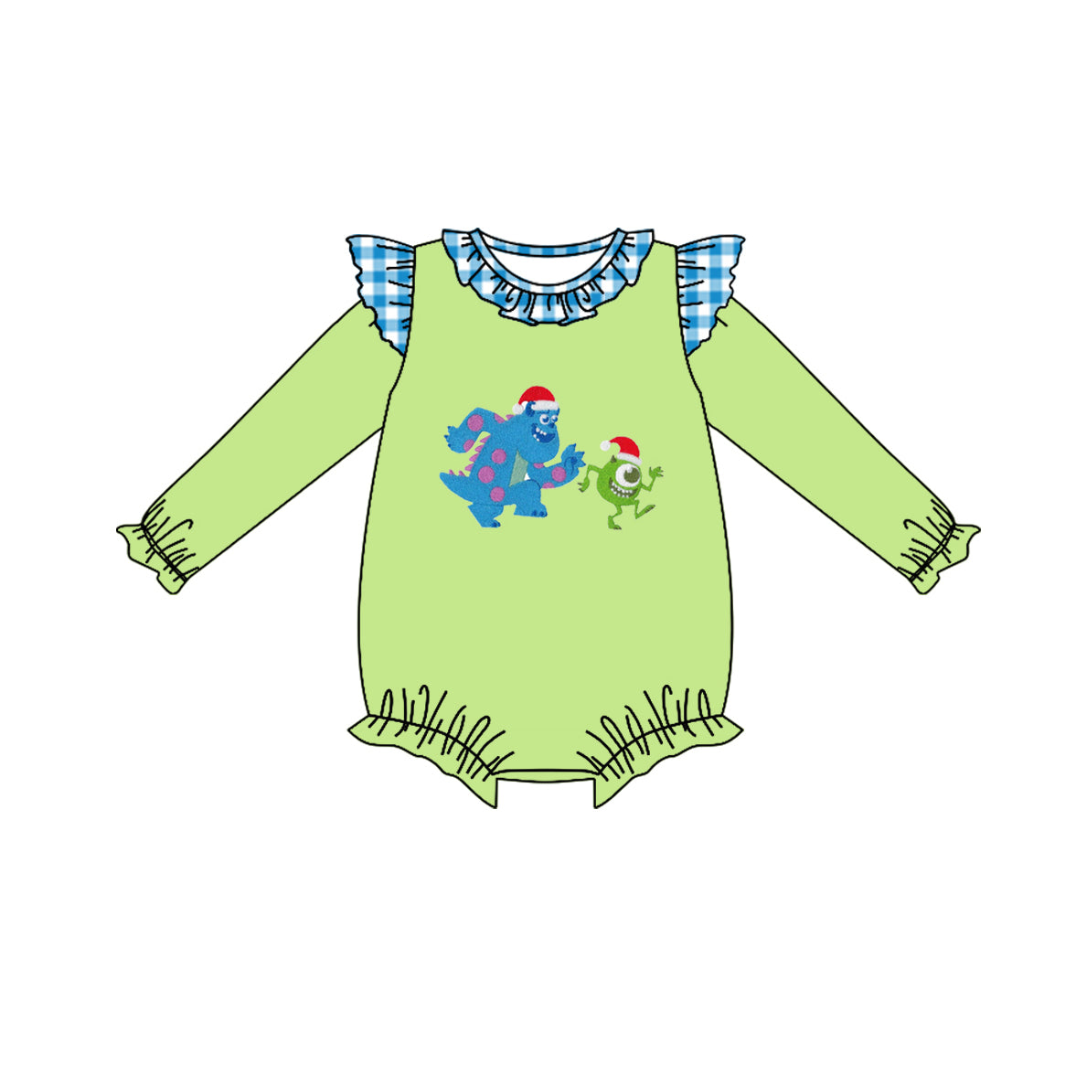 preorder LR1246 Christmas monster green long sleeve girls romper