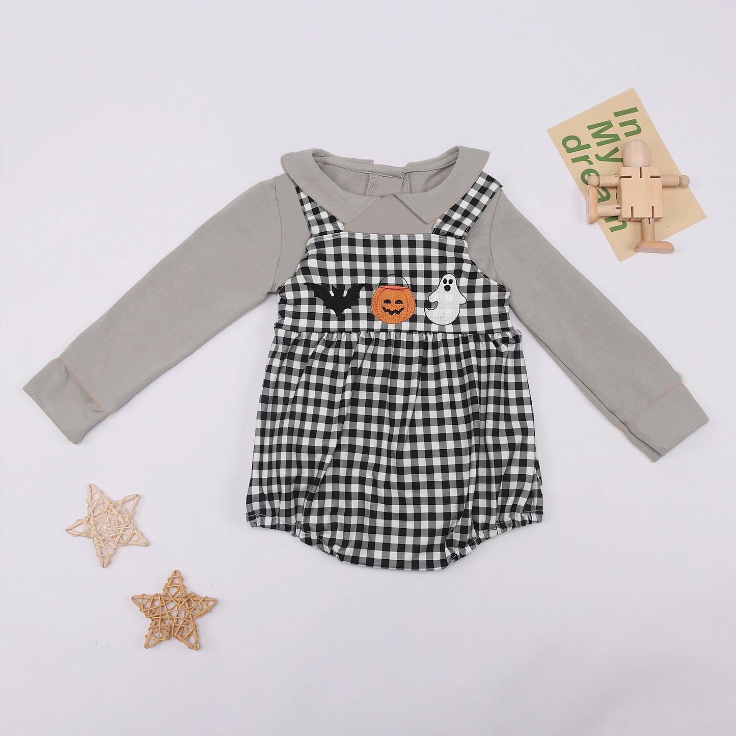 preorder LR1257 Halloween grey long sleeve spooky pumpkin black checkered romper 2pcs baby romper