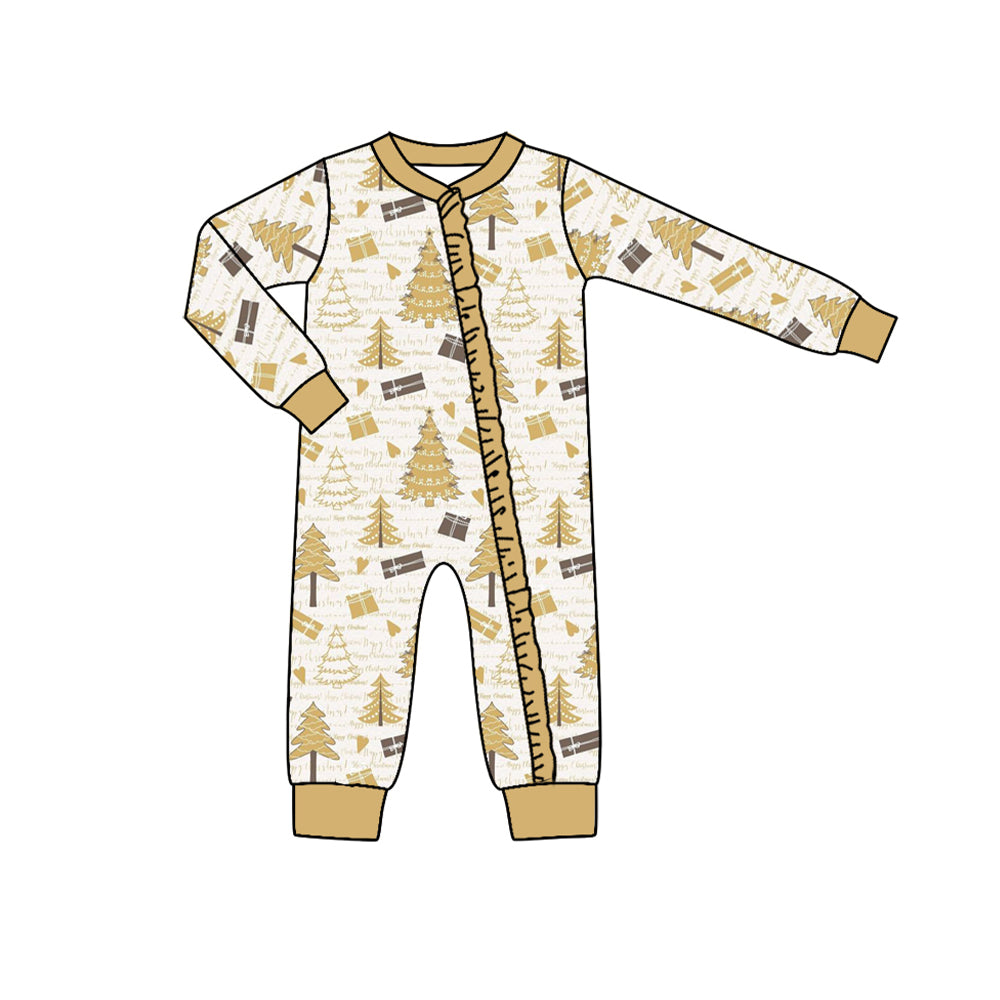 preorder LR1265 happy new year tree gold long sleeve girls zipper romper