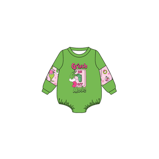 preorder LR1274 Christmas green face green long sleeve girls romper