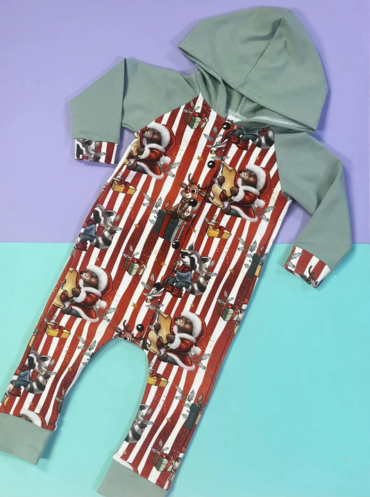 preorder LR1283 Christmas deer bear striped long sleeve boys hoodie romper
