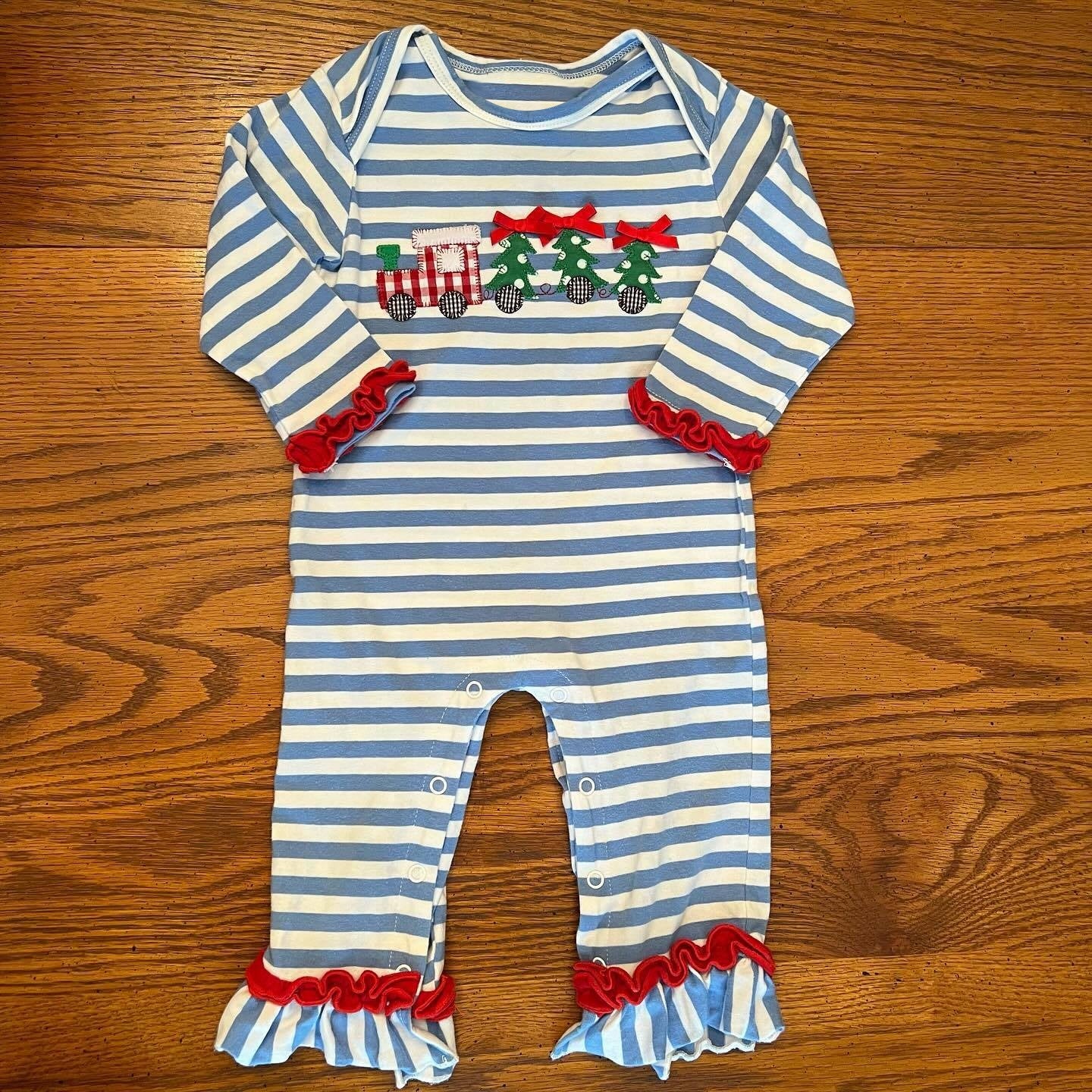 preorder LR1284 Christmas tractor tree blue striped long sleeve boys romper