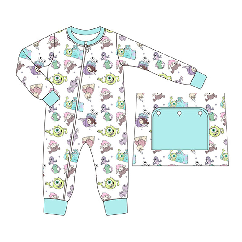 preorder LR1287 cartoon Monster sky blue long sleeve boys zipper romper