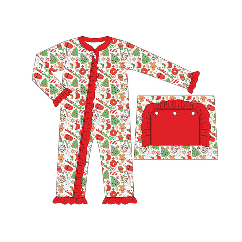 preorder LR1290 Christmas gingerbread man tree red long sleeve zipper girls romper