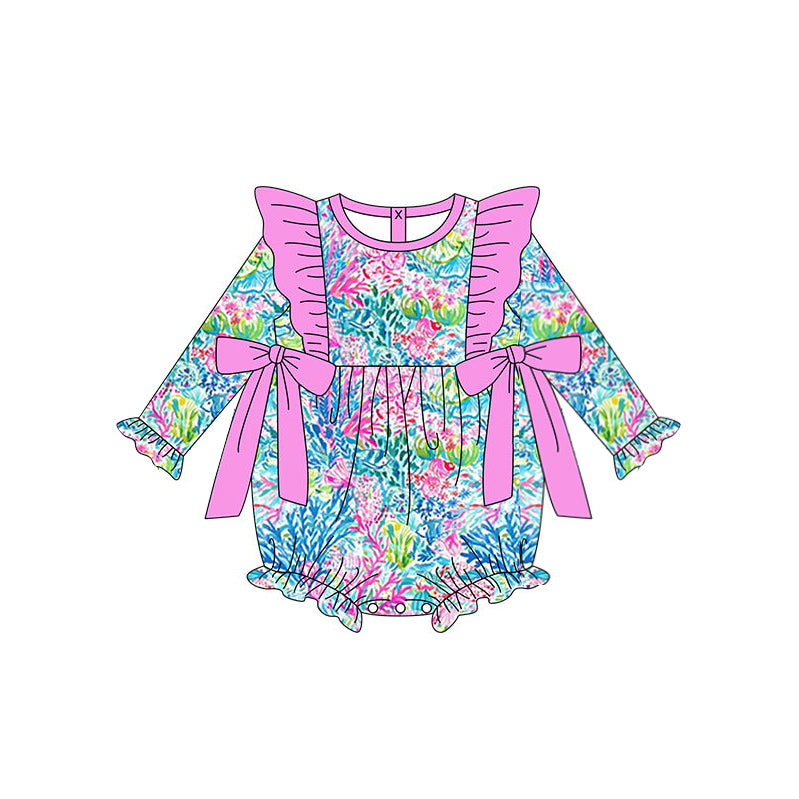 preorder LR1294 colorful seaweed hot pink bows long sleeve girls romper